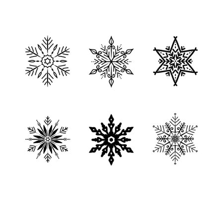 Vector snowflakes drawn by hand. Set of 6 different snowflakesのイラスト素材