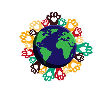 Colorful animal paws around the world - help animals worldwide. Simple vector illustrationのイラスト素材