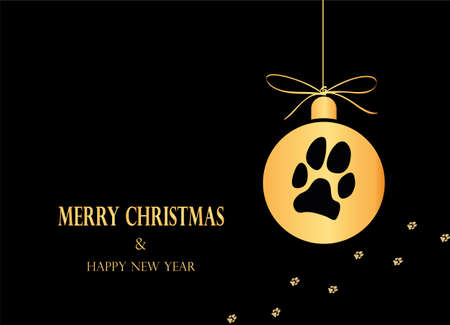 Simple Christmas ball with cats/dogs paw print. Vector illustration. Golden design on black background. Merry Christmas to homeless animalsのイラスト素材