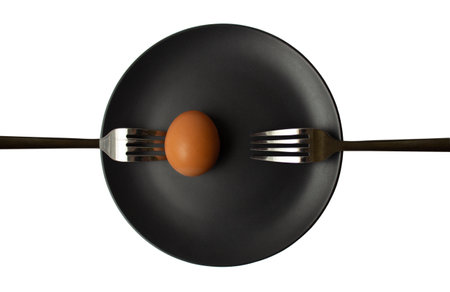 brown egg in shell on a black plate with forks on a white background. Isolate.の写真素材