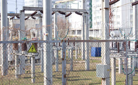 Electrical substation.Electric lines on blue sky background. Electrical industry