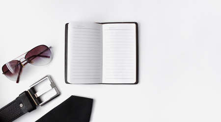 Flat lay composition with mens accessories and space for text on white backgroundの写真素材