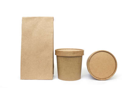 Eco friendly food containers isolated on white. Recycling concept. Delivery food background.の写真素材