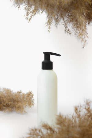 Mockup of a white cosmetic bottle on a white background with reed branchesの写真素材