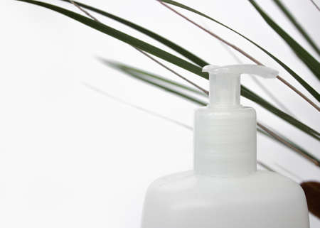 White cosmetic bottle in the leaves on white backgroundの写真素材