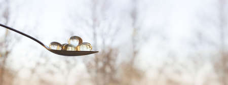 Vitamin D capsules on a blurred background. Banner, place for textの写真素材