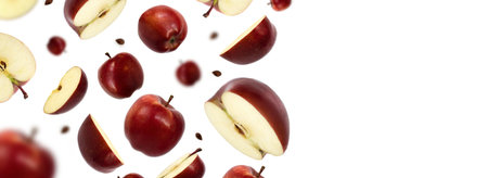 Flying red juicy apples and apples slices isolated on white backgroundの写真素材