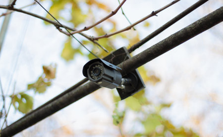 Home security CCTV installation in garden. Close upの写真素材