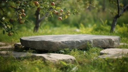 stone surface close-up against the background of flowering trees a meto for a product, a podium or a platform.の素材