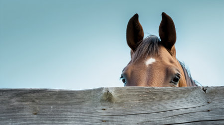 close-up horse peeking out from behind a wooden horizontal plank, on a pale blue background, banner, space for text.の素材