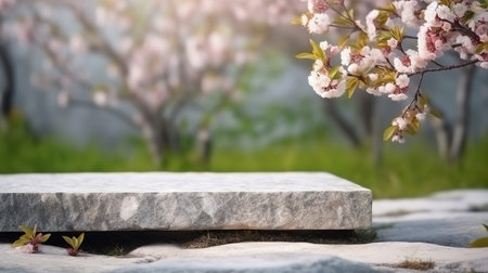 stone surface close-up against the background of flowering trees a meto for a product, a podium or a platform.の素材