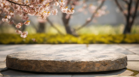 stone surface close-up against the background of flowering trees a meto for a product, a podium or a platform.の素材