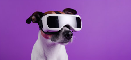 Jack Russell Terrier dog wearing virtual reality glasses on purple background, banner, space for text.の素材