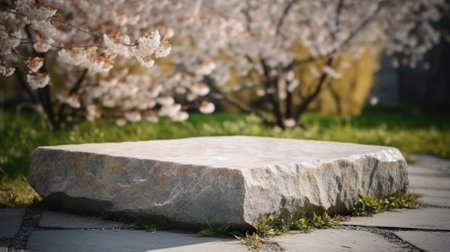stone surface close-up against the background of flowering trees a meto for a product, a podium or a platform.の素材