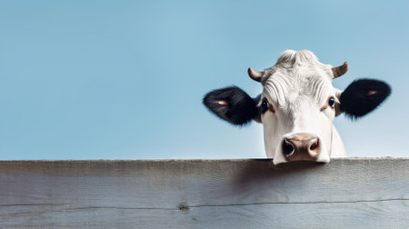 close-up cow peeking out from behind a wooden plank, on a pale blue background, banner, space for textの素材
