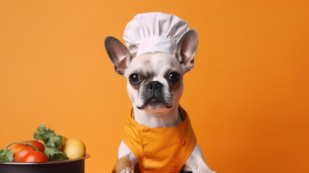 French bulldog in a chefs hat on an orange background, place for your text, banner.の素材