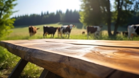 close-up of a wooden surface against the background of cows grazing in a meadow on a sunny day, a place for a productの素材