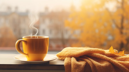 Yellow cup with fragrant coffee by the window on an autumn day. High quality photoの素材