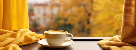 Yellow cup with fragrant coffee by the window on an autumn day. High quality photoの素材