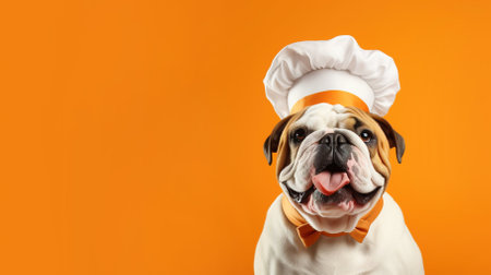 Bulldog in a chef's hat on an orange background, place for your text, banner. High quality photoの素材
