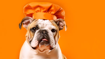 Bulldog in a chef's hat on an orange background, place for your text, banner. High quality photoの素材