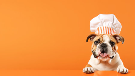 Bulldog in a chef's hat on an orange background, place for your text, banner. High quality photoの素材
