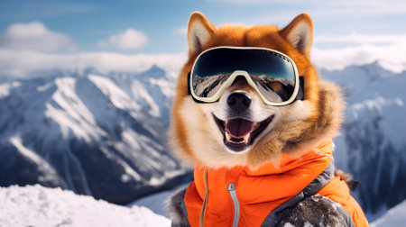 Happy dog in ski goggles on the background of winter mountains. Ski winter resort. High quality photoの素材
