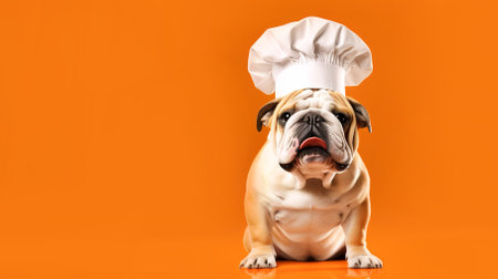 Bulldog in a chef's hat on an orange background, place for your text, banner. High quality photoの素材