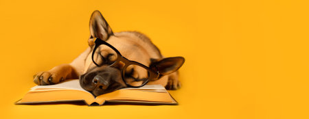 Cute dog in glasses fell asleep on a book close-up on a yellow background. Banner, copyspace. High quality photoの素材