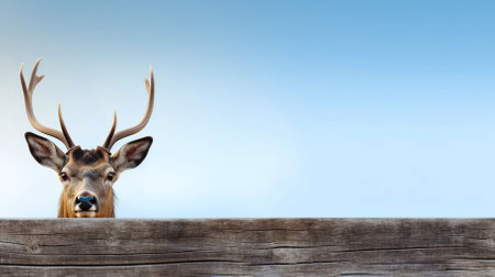 A deer peeks out from behind a wooden fence close-up. Banner, copyspace. High quality photoの素材