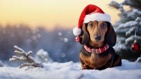 Dachshund in a santa hat against the backdrop of a winter landscape. Copyspace, place for your text. High quality photoの素材