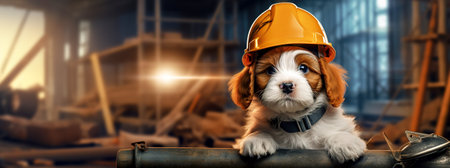 Puppy builder in a yellow hard hat on the background of construction. High quality photoの素材