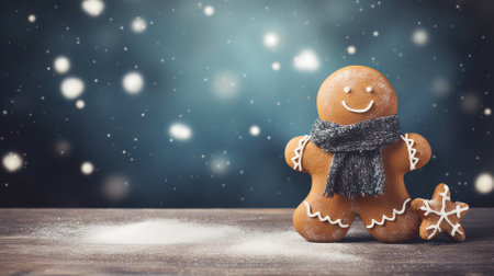 Cheerful gingerbread in a scarf on a winter New Year's background. Banner, copyspace. High quality photoの素材