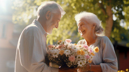 Elderly man giving flowers to an elderly woman. High quality photoの素材