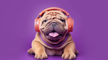 Happy dog in headphones on a purple background. High quality photoの素材