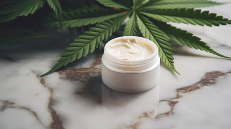 Cannabis face cream jar on marble table close up. High quality photoの素材