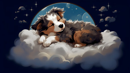 Illustration of a cute dog sleeping on the clouds in the sky. High quality photoの素材