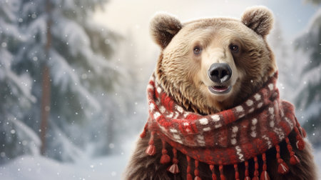Big cute bear in scarf on a winter background. Copy space, place for text. High quality photoの素材