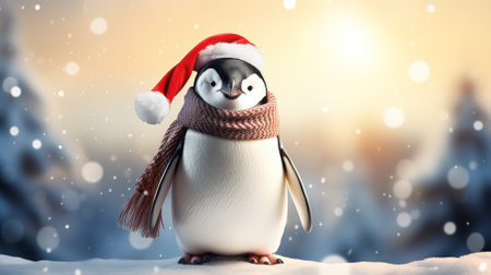 Cute penguin in a santa hat on a winter background. Banner, copy space. High quality photoの素材