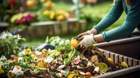 Person composting food waste in backyard compost bin garden. High quality photoの素材