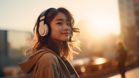 A young Asian girl in headphones listens to music against the backdrop of a sunset city. High quality photoの素材