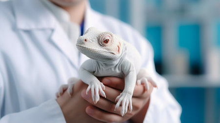 Veterinarian holding lizard in hands close-up in clinic. High quality photoの素材