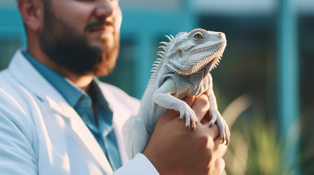 Veterinarian holding an iguana in his hands close-up. High quality photoの素材
