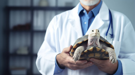 Veterinarian holding a turtle in his hands with copyspace. High quality photoの素材