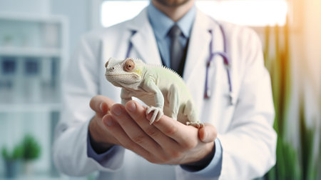 Veterinarian holding chameleon in hands close-up in clinic. High quality photoの素材