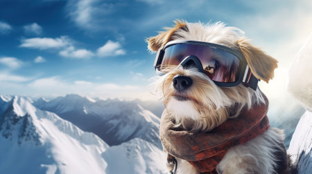 Cute dog in ski goggles and a scarf on the background of snowy mountains with copy space. High quality photoの素材