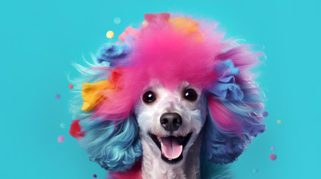 Creative happy poodle with colorful bright coat on blue background. High quality photoの素材