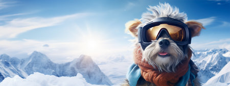 Cute dog in ski goggles and a scarf on the background of snowy mountains with copy space. High quality photoの素材