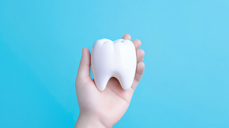 Hand holding a tooth close-up on a blue background with copyspace. Dental clinic concept for dental treatment. High quality photoの素材