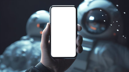 Astronaut holding mobile phone mockup. High quality photoの素材